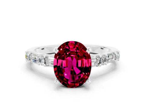 White gold Oval Cut Garnet Solitaire with Side Baguettes and Channel Set Band