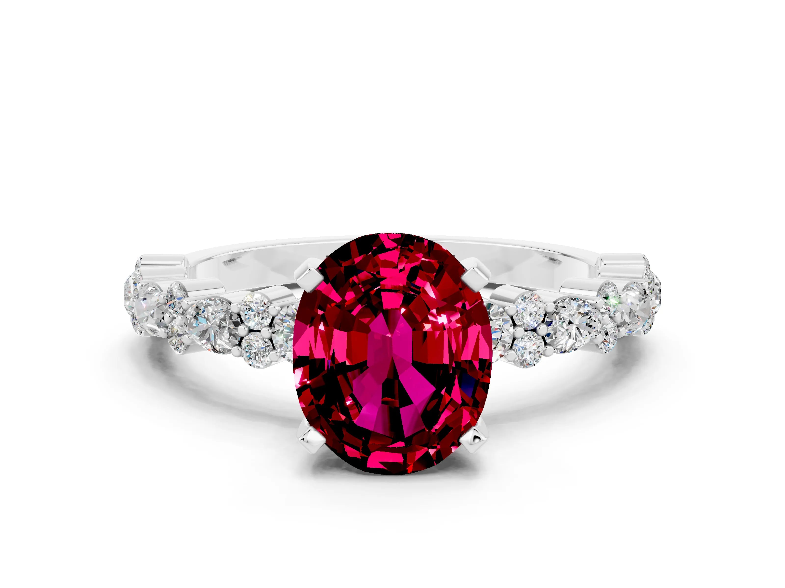 White gold Oval Cut Garnet Solitaire with Side Stones, Pave Band, Four-Prong Setting_36