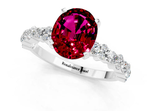 White gold Oval Cut Garnet Solitaire with Side Stones, Pave Band, Four-Prong Setting_37