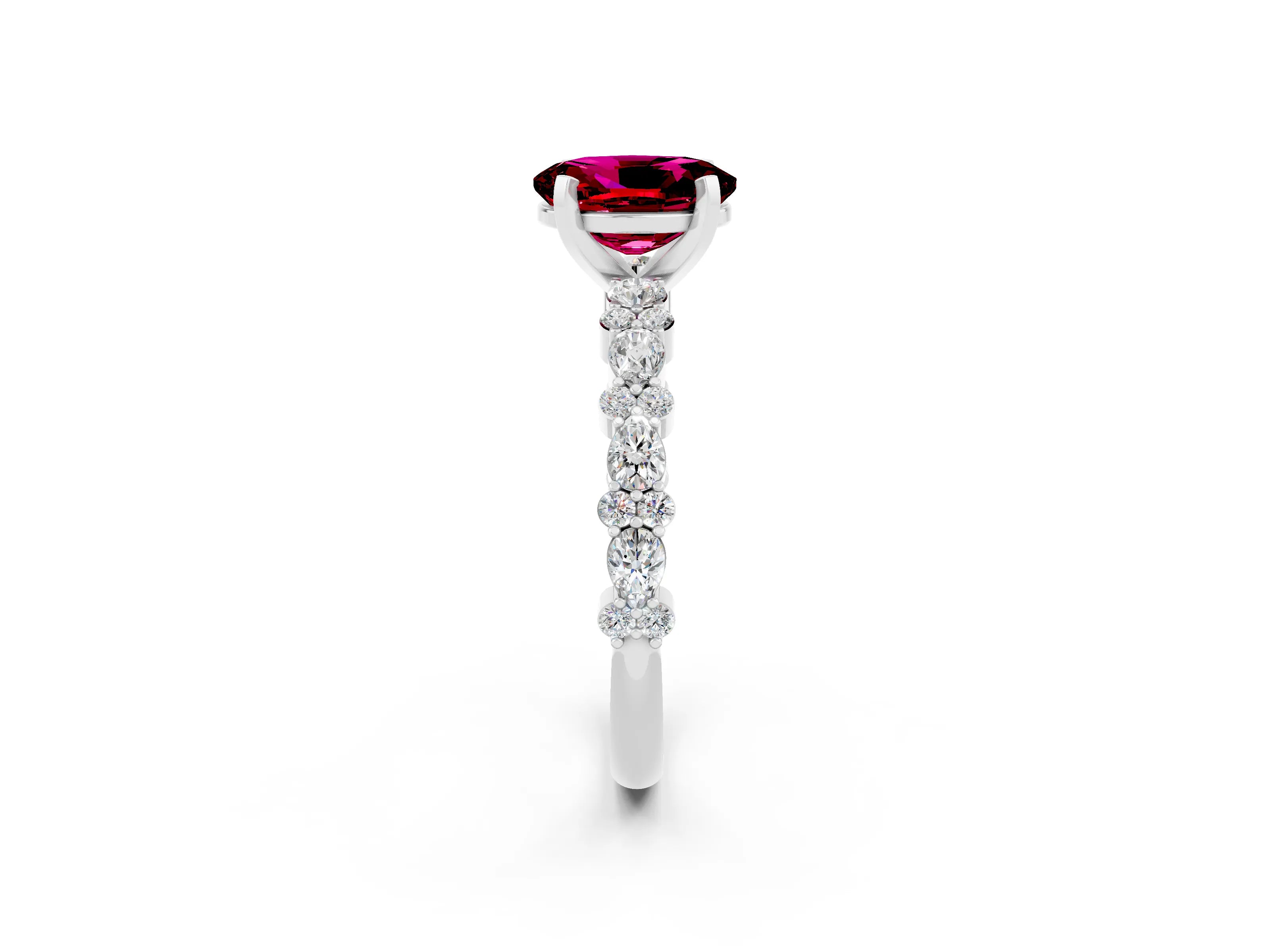 White gold Oval Cut Garnet Solitaire with Side Stones, Pave Band, Four-Prong Setting_38