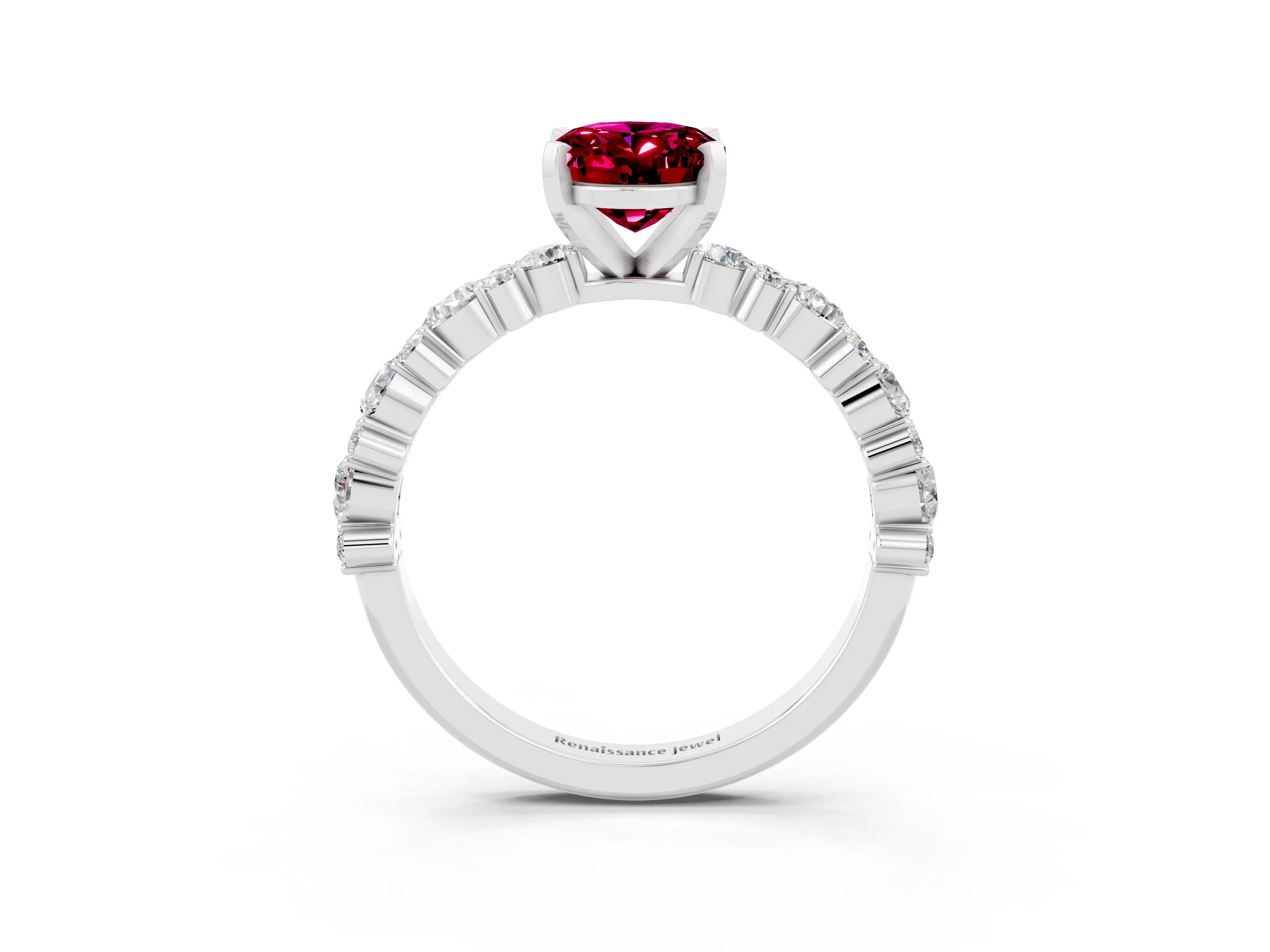 White gold Oval Cut Garnet Solitaire with Side Stones, Pave Band, Four-Prong Setting_39
