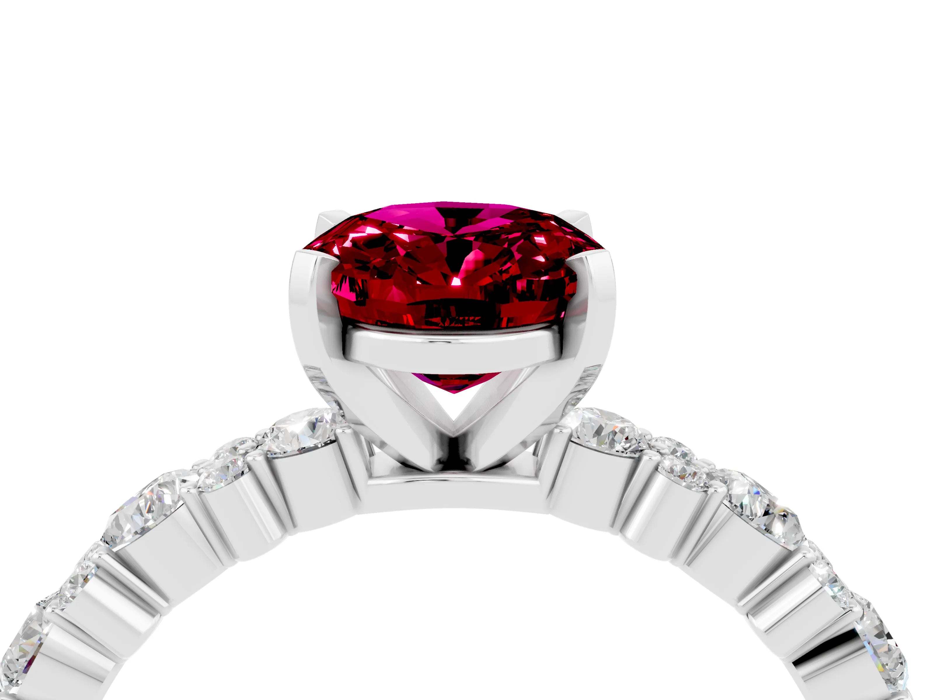 White gold Oval Cut Garnet Solitaire with Side Stones, Pave Band, Four-Prong Setting_40