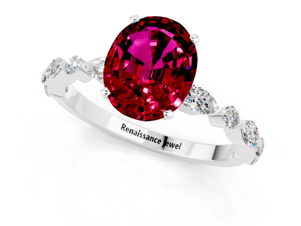 Platinum Oval Cut Garnet Ring with Marquise and Round  Side Stones and Four-Prong Setting