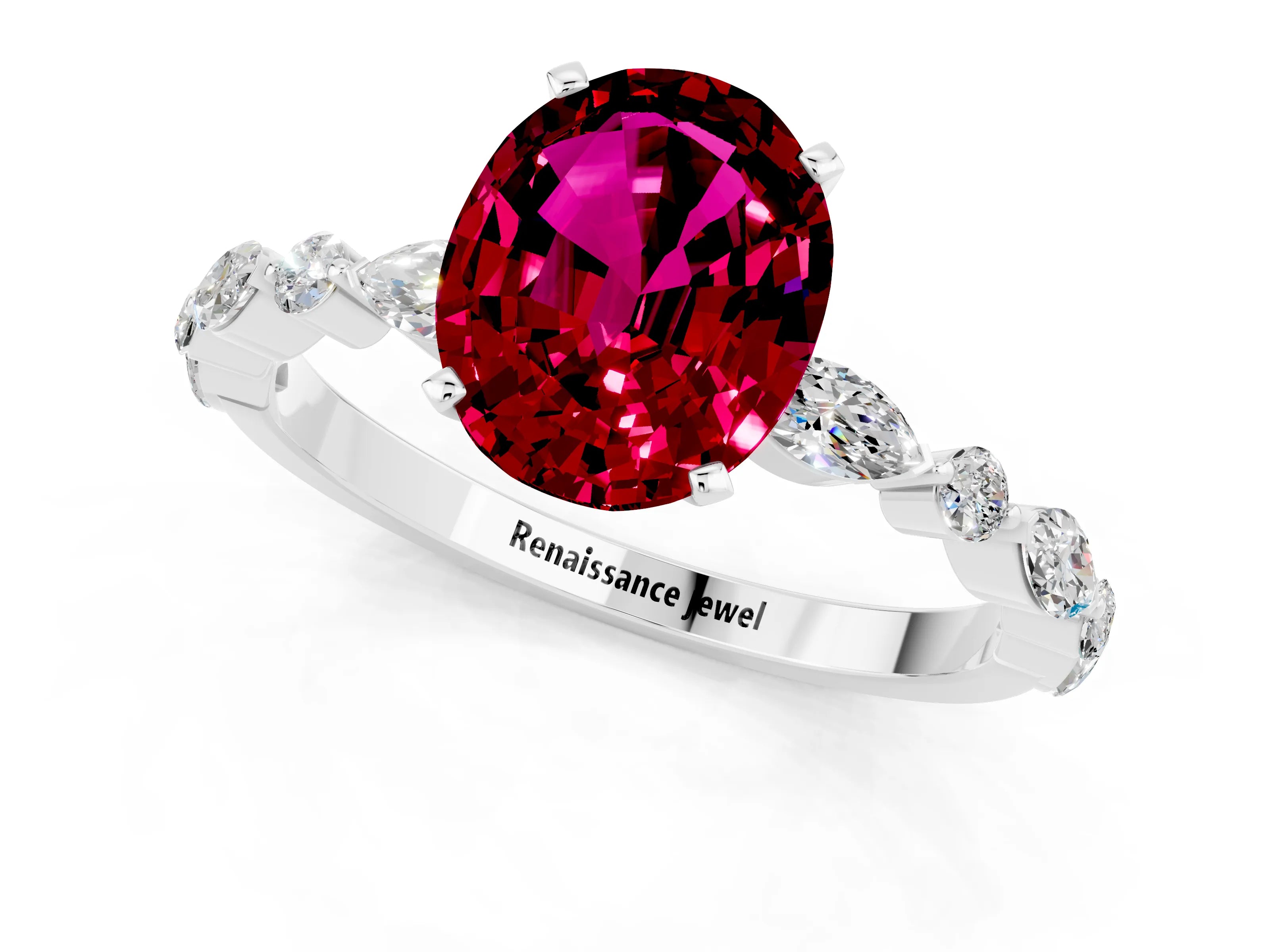 White gold Oval Cut Garnet Solitaire with Side Stones on a Pavé Band and Four-Prong Setting_1