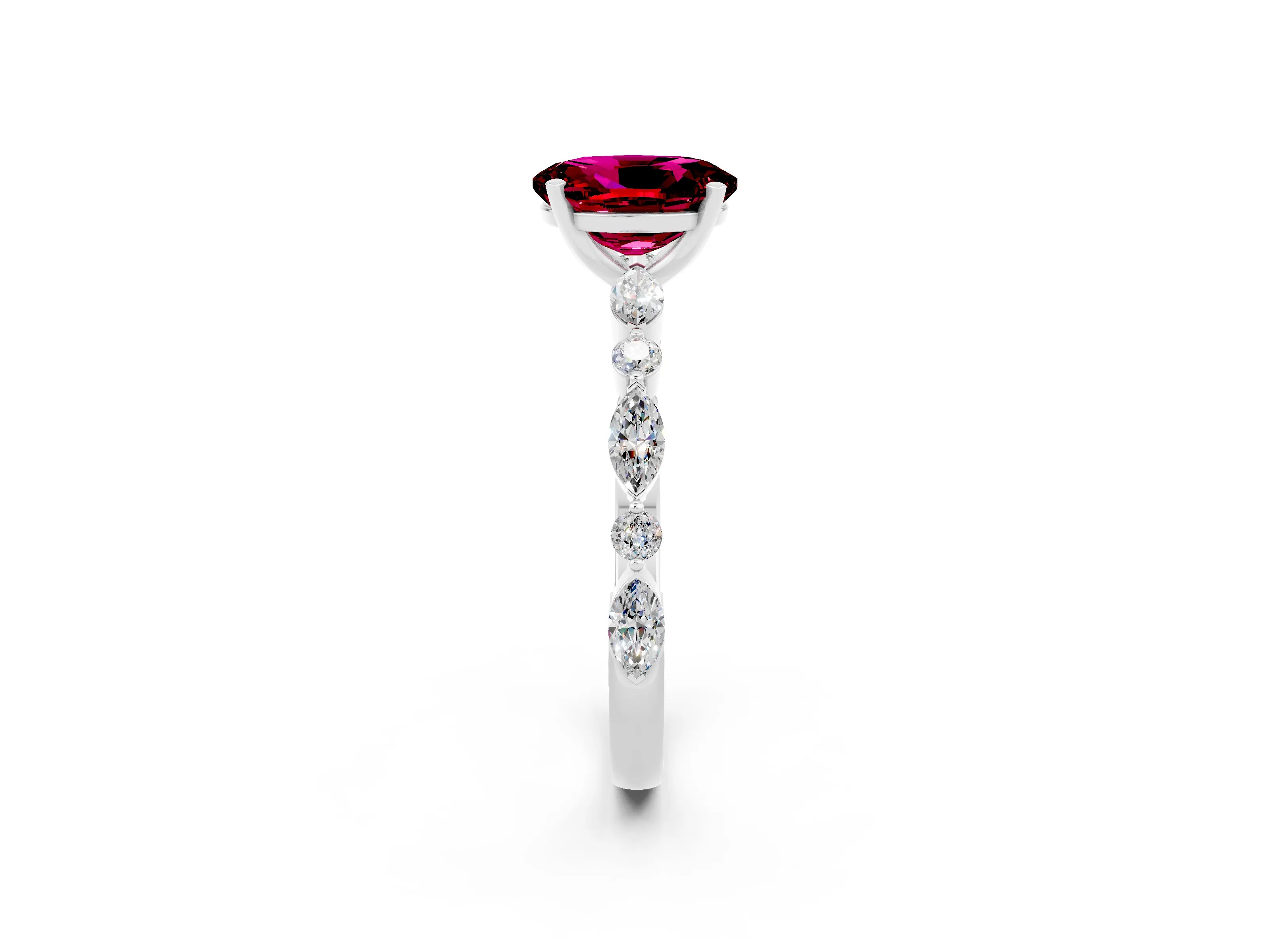White gold Oval Cut Garnet Solitaire with Side Stones on a Pavé Band and Four-Prong Setting_2