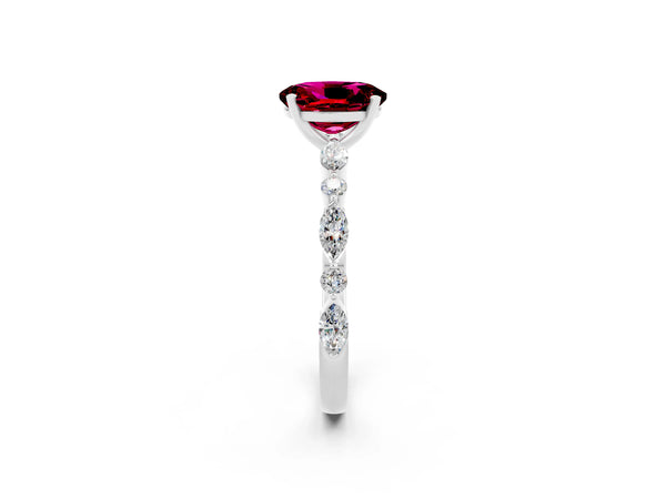 Platinum Oval Cut Garnet Ring with Marquise and Round  Side Stones and Four-Prong Setting