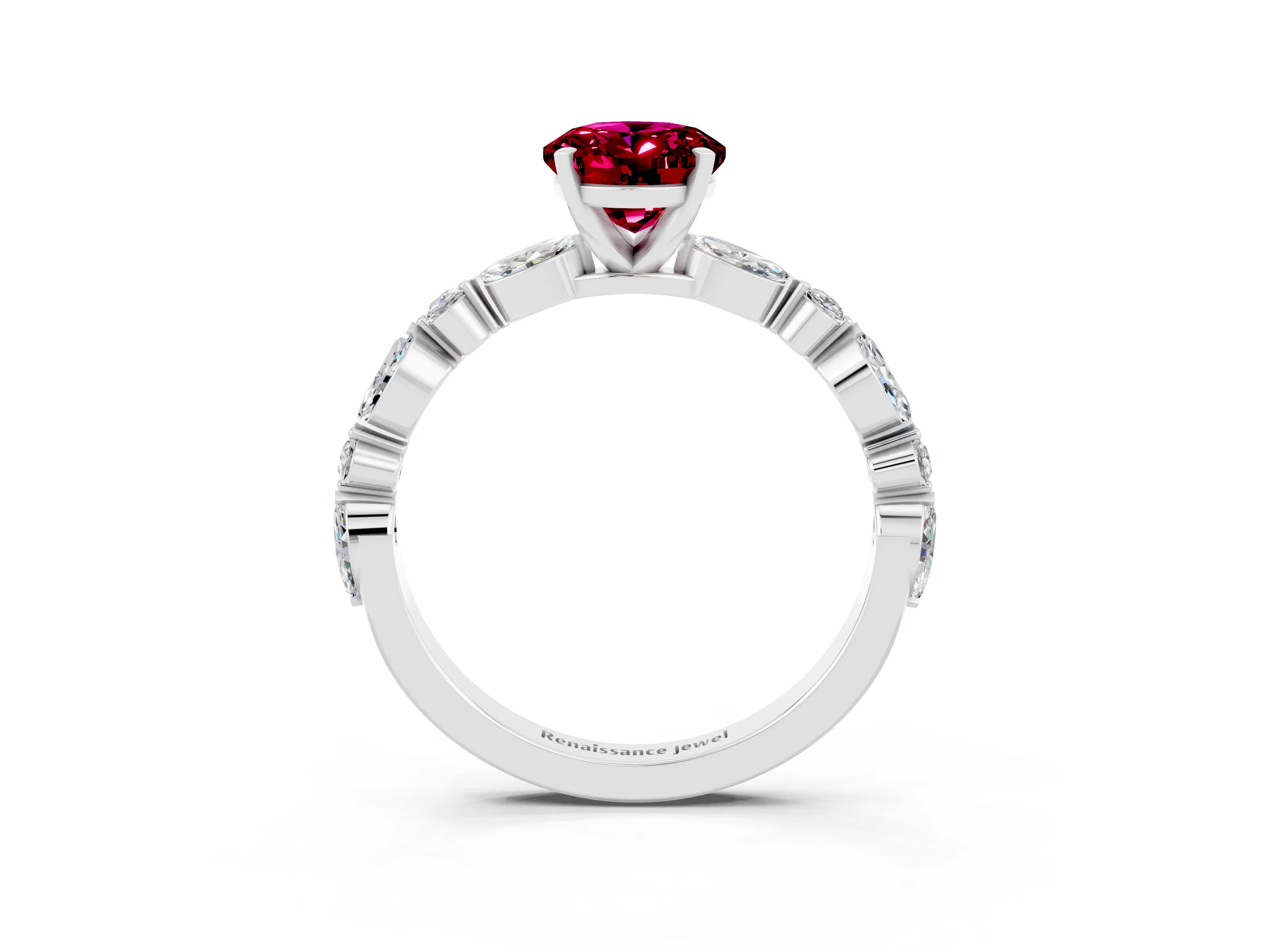 White gold Oval Cut Garnet Solitaire with Side Stones on a Pavé Band and Four-Prong Setting_3