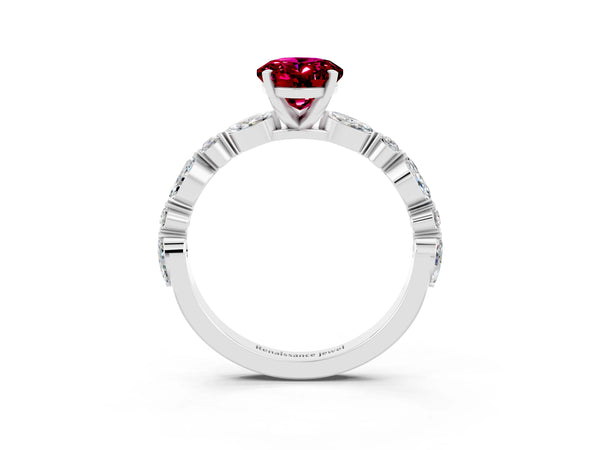 Platinum Oval Cut Garnet Ring with Marquise and Round  Side Stones and Four-Prong Setting