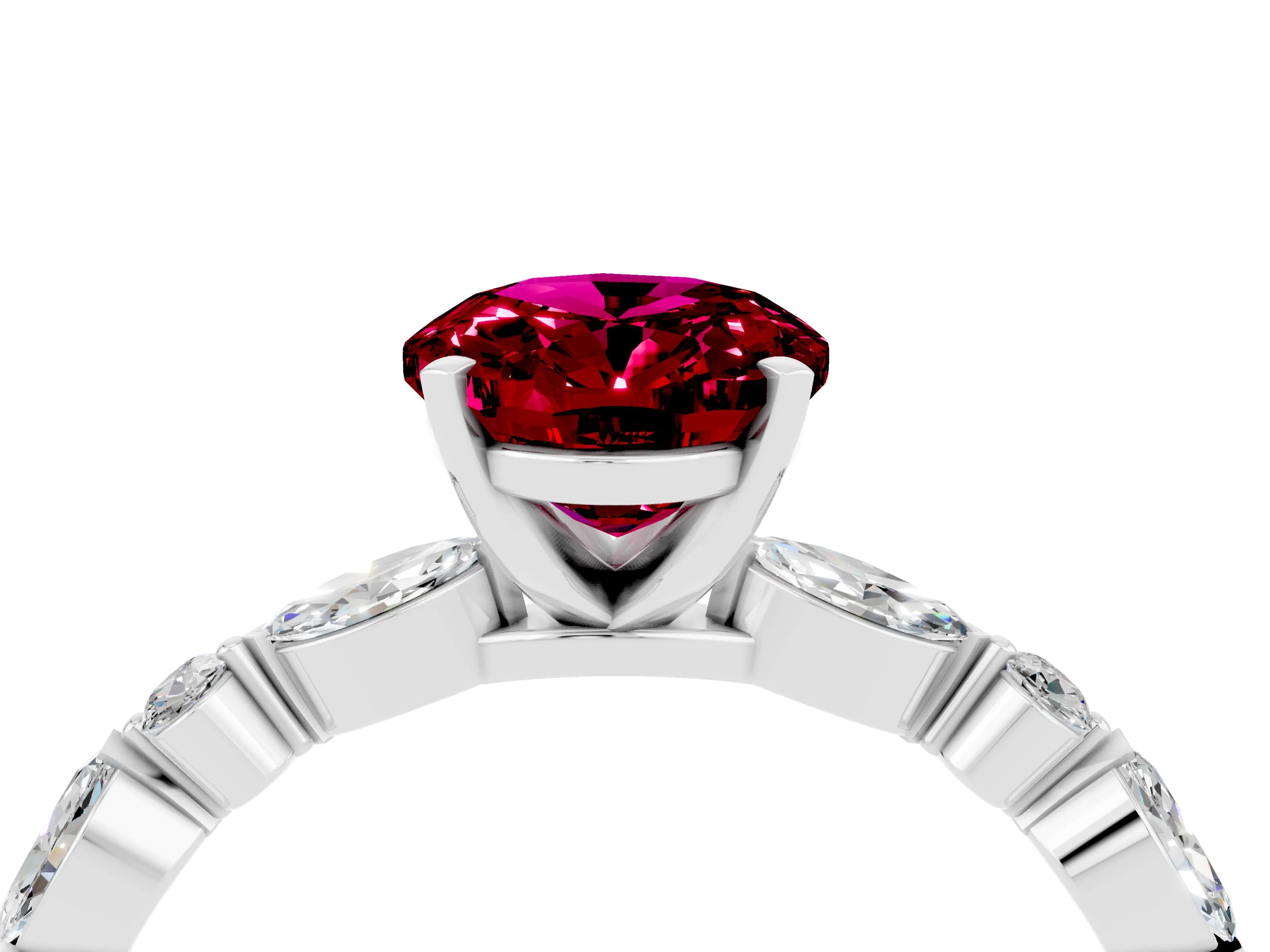 White gold Oval Cut Garnet Solitaire with Side Stones on a Pavé Band and Four-Prong Setting_4