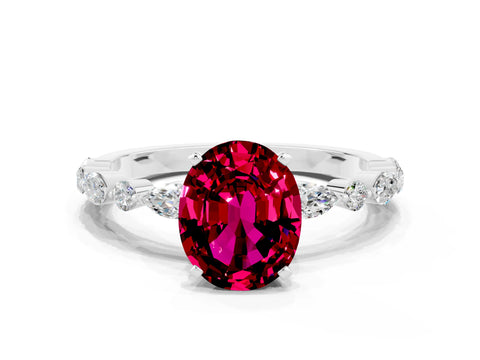 White gold Oval Cut Garnet Solitaire with Side Stones on a Pavé Band and Four-Prong Setting