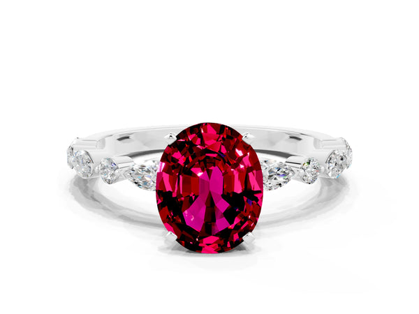 Silver Oval Cut Garnet Ring with Marquise and Round  Side Stones and Four-Prong Setting