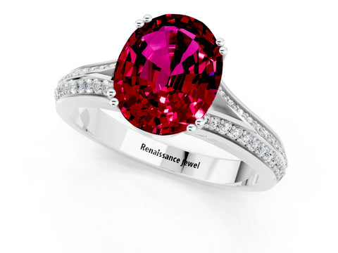 White gold Oval Cut Garnet Split Shank Engagement Ring with Pavé Band_1