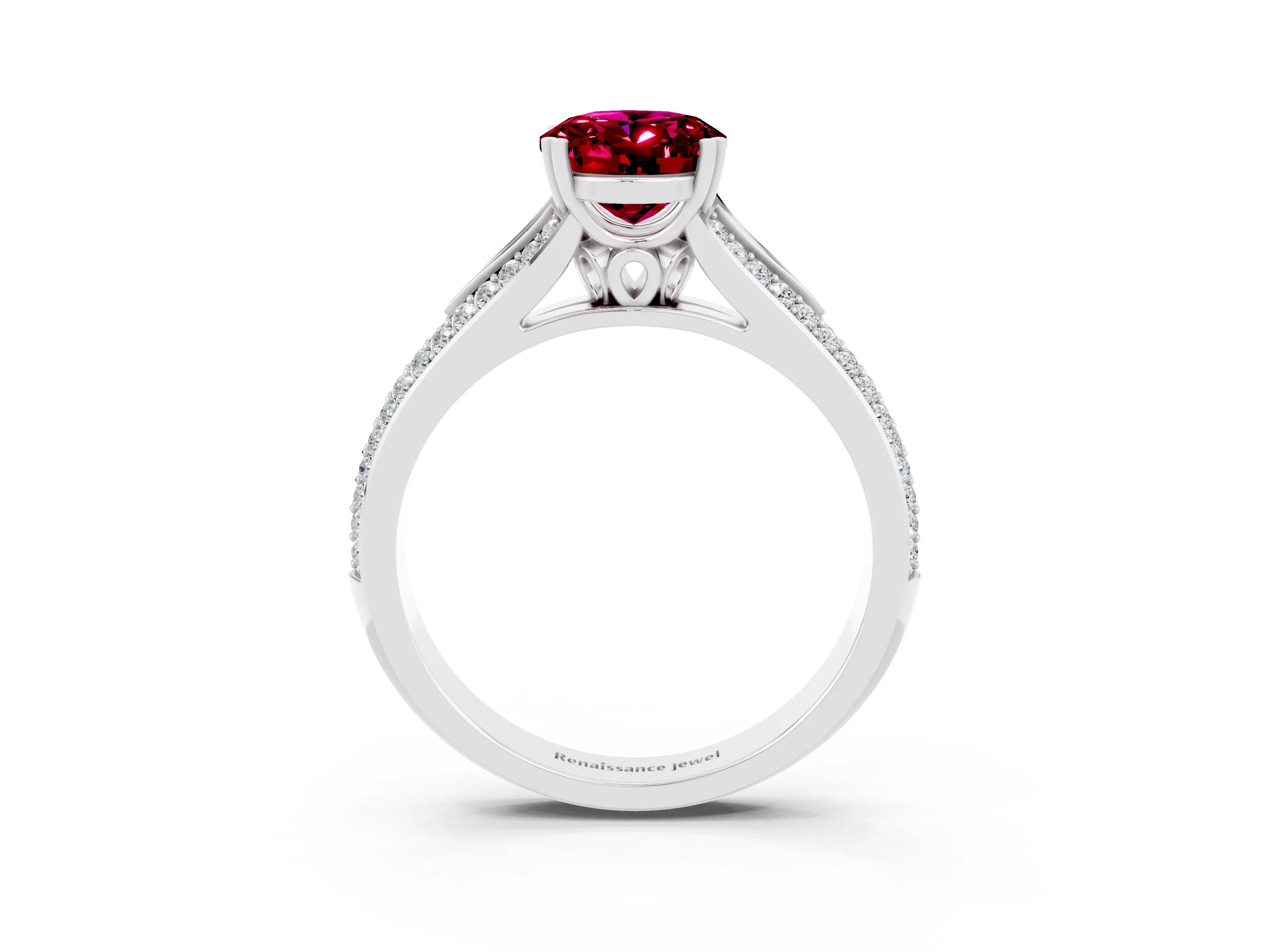 White gold Oval Cut Garnet Split Shank Engagement Ring with Pavé Band_3