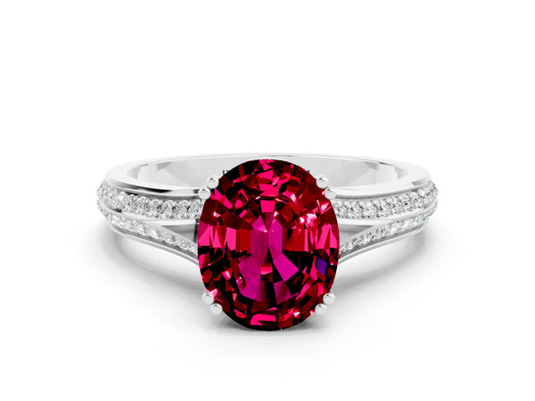 Silver Oval Cut Garnet Split Shank Engagement Ring with Pavé Band