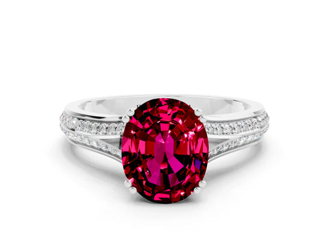 White gold Oval Cut Garnet Split Shank Engagement Ring with Pavé Band
