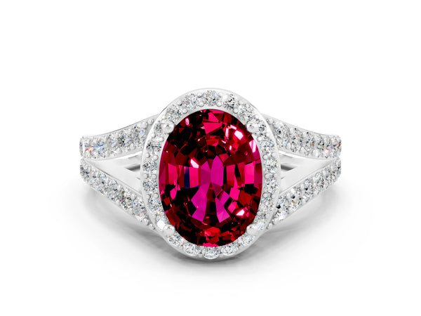 Platinum Oval Cut Garnet Split Shank Halo Ring with Four-Prong Setting