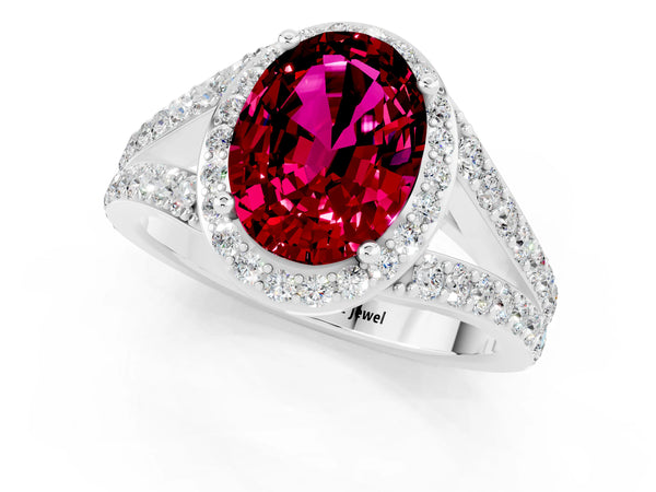 Silver Oval Cut Garnet Split Shank Halo Ring with Four-Prong Setting
