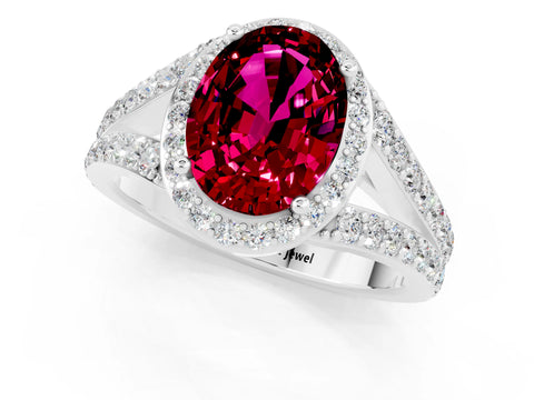White gold Oval Cut Garnet Split Shank Halo Ring with Four-Prong Setting_13