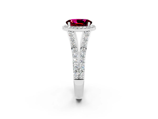 Platinum Oval Cut Garnet Split Shank Halo Ring with Four-Prong Setting