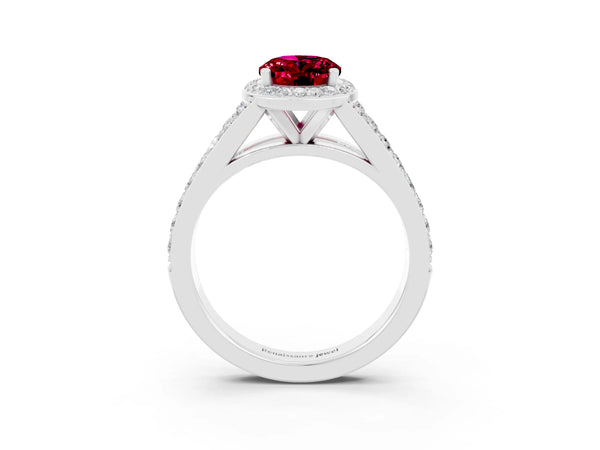 Silver Oval Cut Garnet Split Shank Halo Ring with Four-Prong Setting