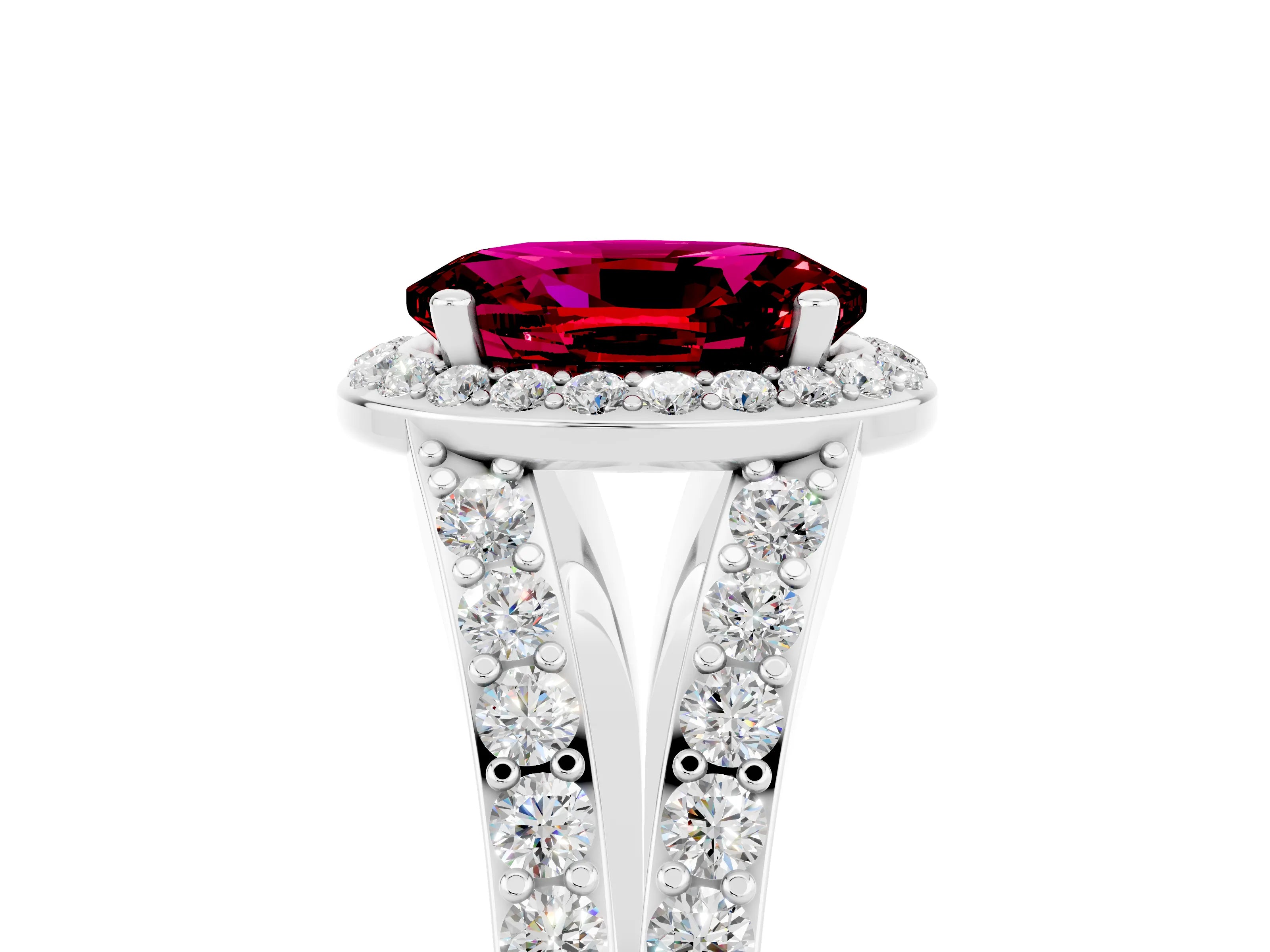 White gold Oval Cut Garnet Split Shank Halo Ring with Four-Prong Setting_17
