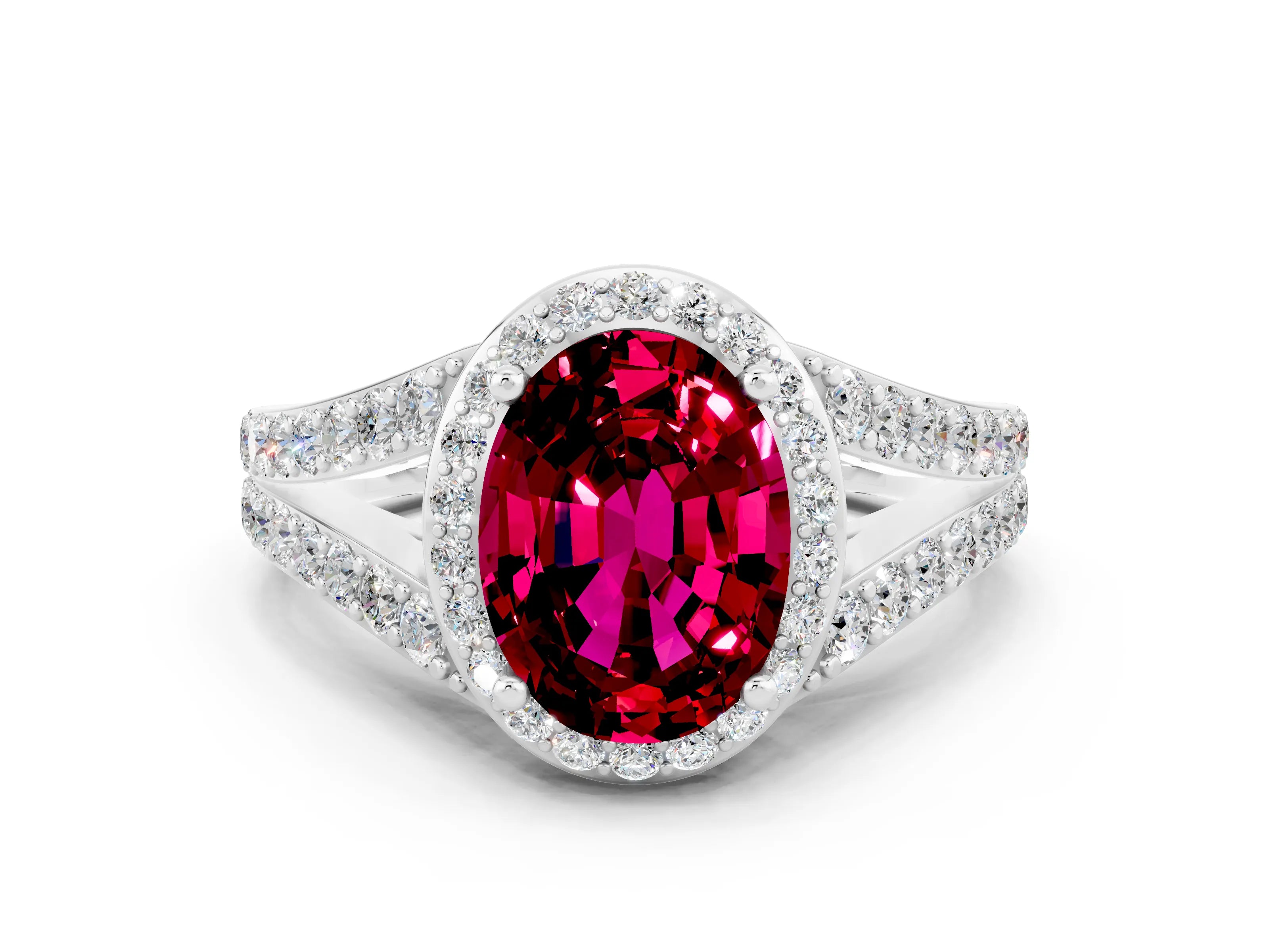 White gold Oval Cut Garnet Split Shank Halo Ring with Four-Prong Setting_24