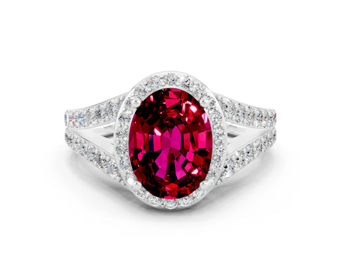 White gold Oval Cut Garnet Split Shank Halo Ring with Four-Prong Setting_24