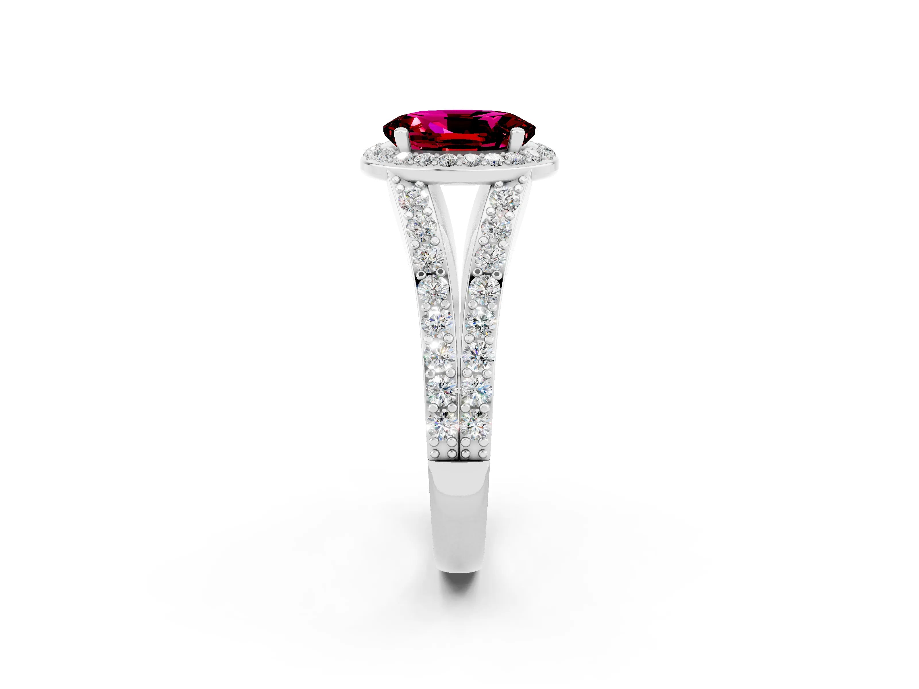White gold Oval Cut Garnet Split Shank Halo Ring with Four-Prong Setting_26