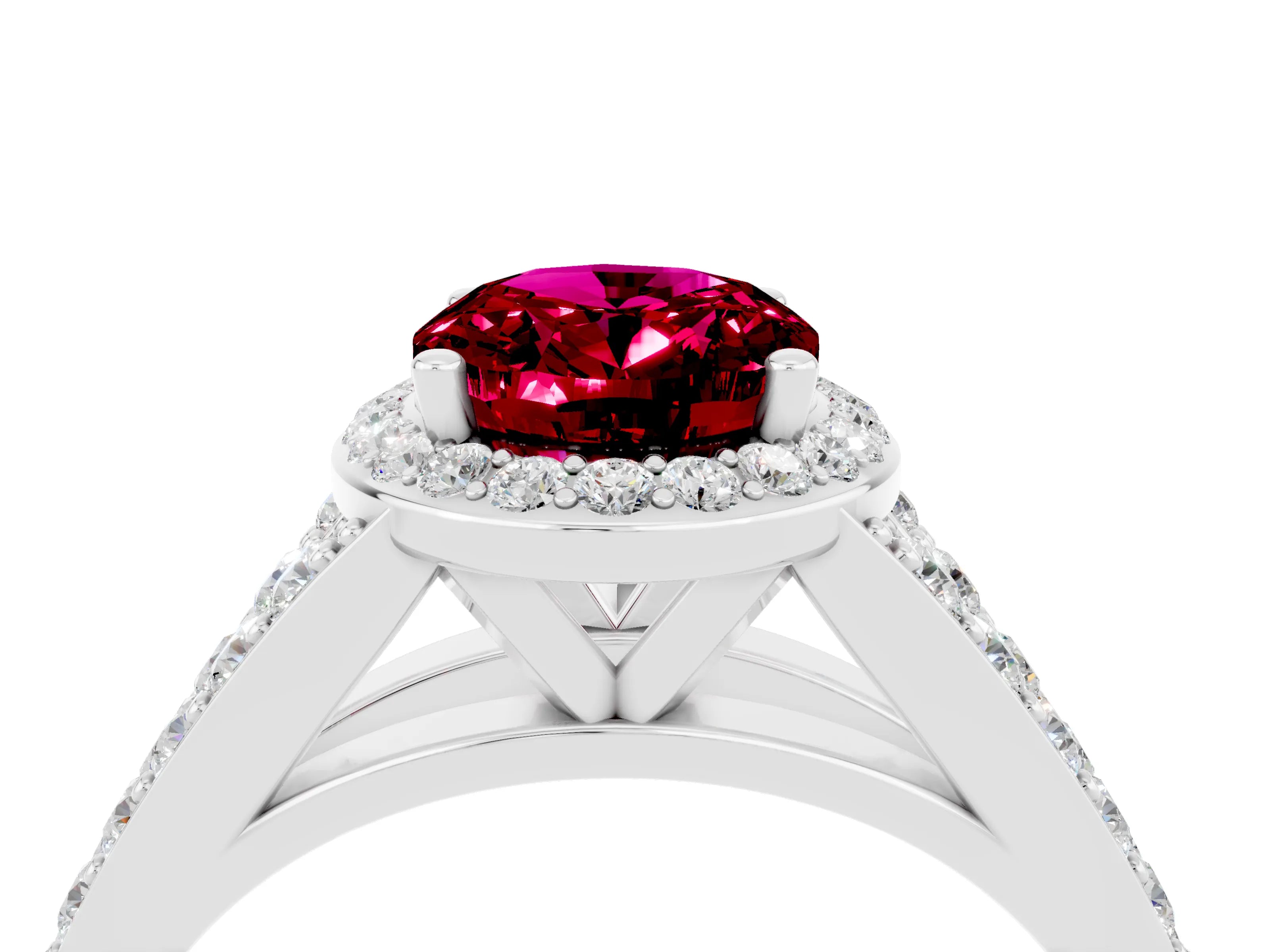 White gold Oval Cut Garnet Split Shank Halo Ring with Four-Prong Setting_28