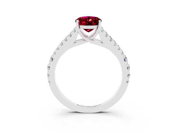White gold Oval Cut Garnet Split Shank Pavé Engagement Ring with Four-Prong Setting