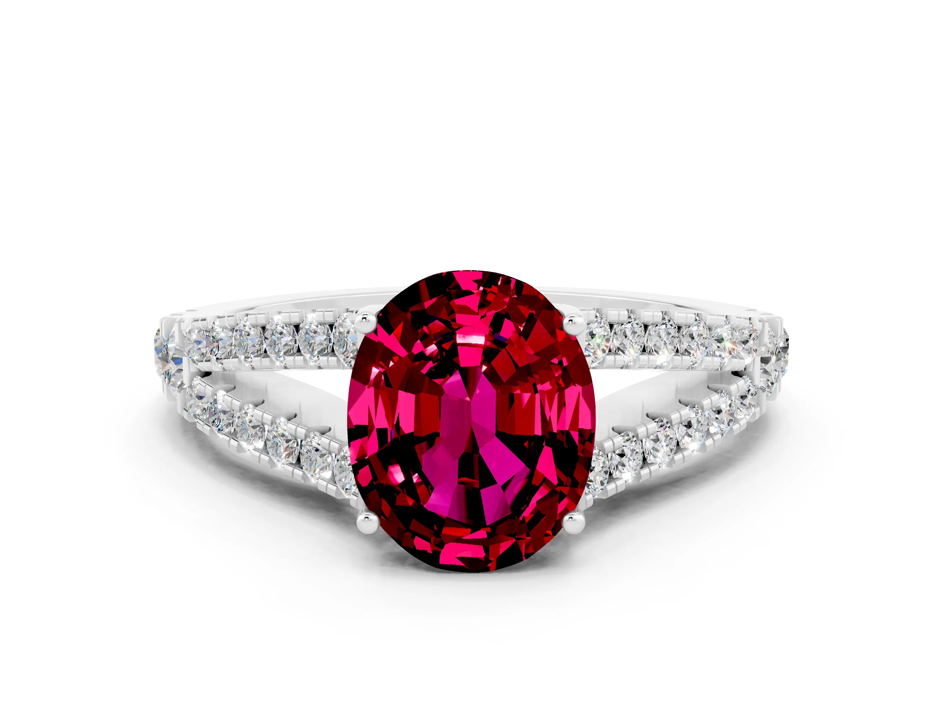 White gold Oval Cut Garnet Split Shank Pavé Engagement Ring with Four-Prong Setting_34