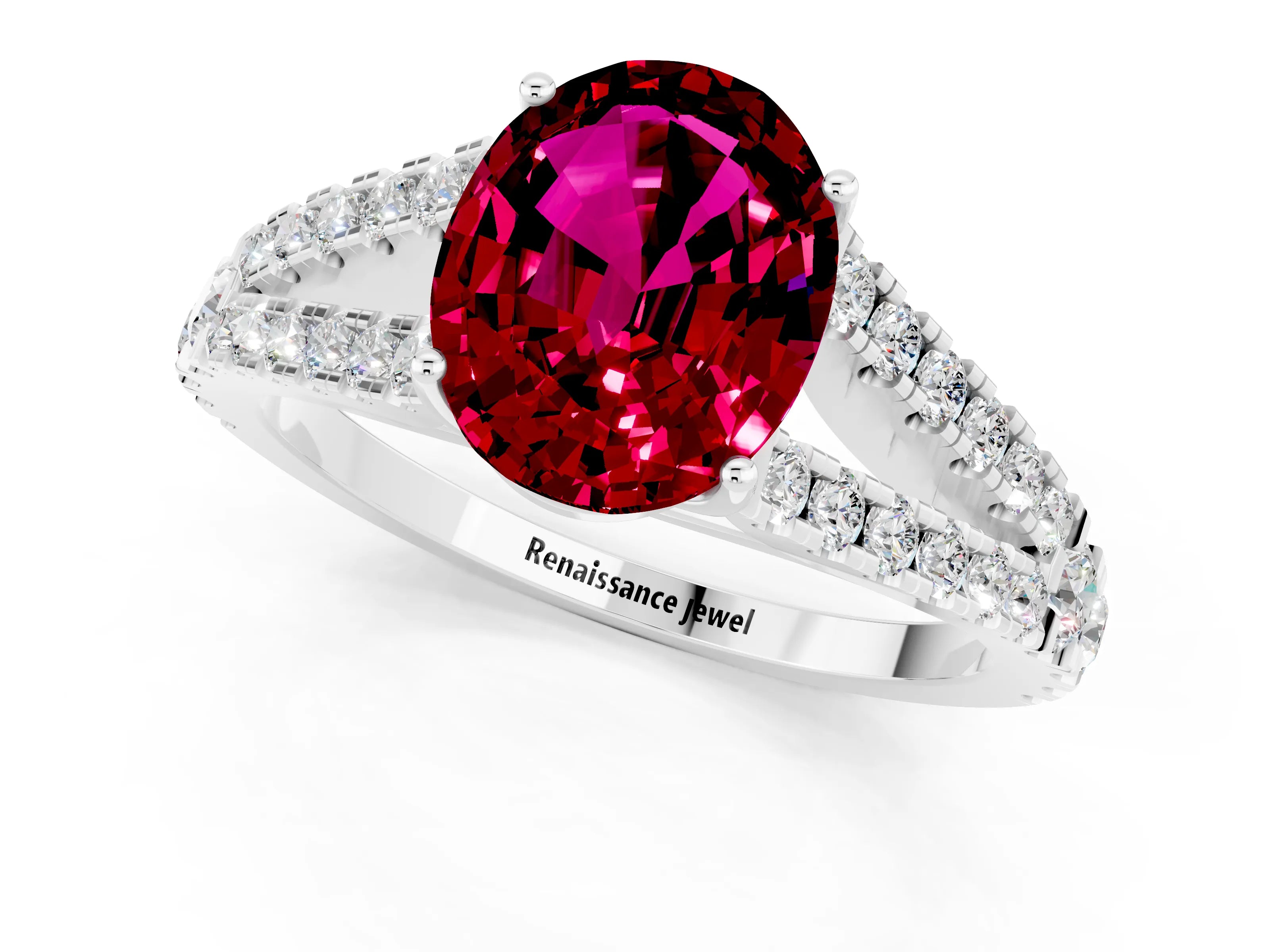 White gold Oval Cut Garnet Split Shank Pavé Engagement Ring with Four-Prong Setting_37