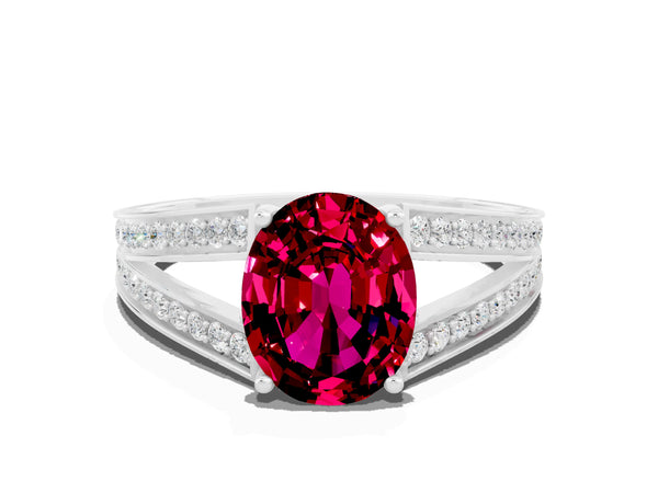 Platinum Oval Cut Garnet Split Shank Ring with Pavé Band and Four-Prong Setting