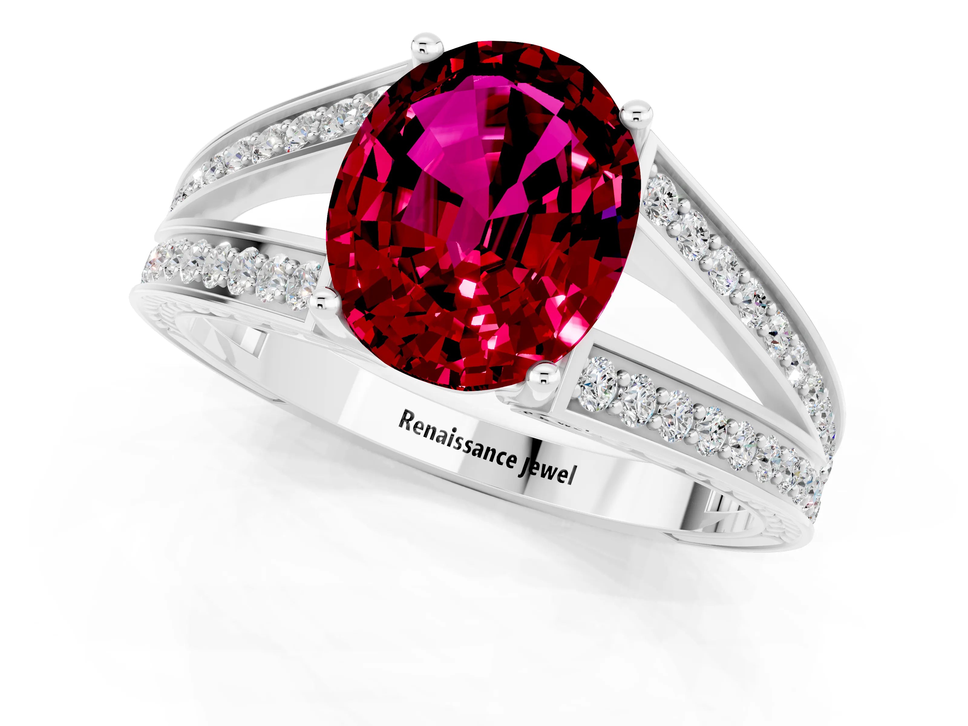 White gold Oval Cut Garnet Split Shank Ring with Pavé Band and Four-Prong Setting_1