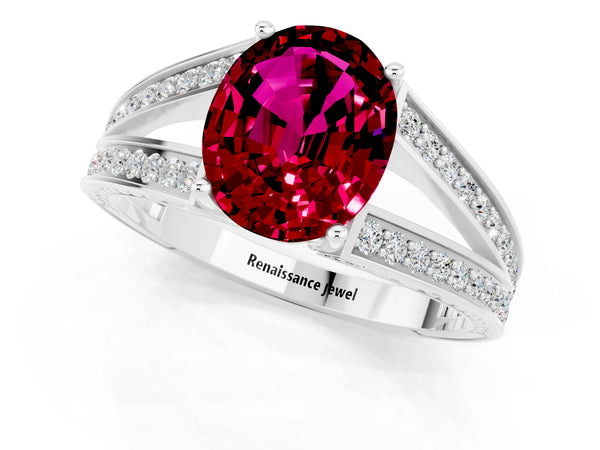 Silver Oval Cut Garnet Split Shank Ring with Pavé Band and Four-Prong Setting