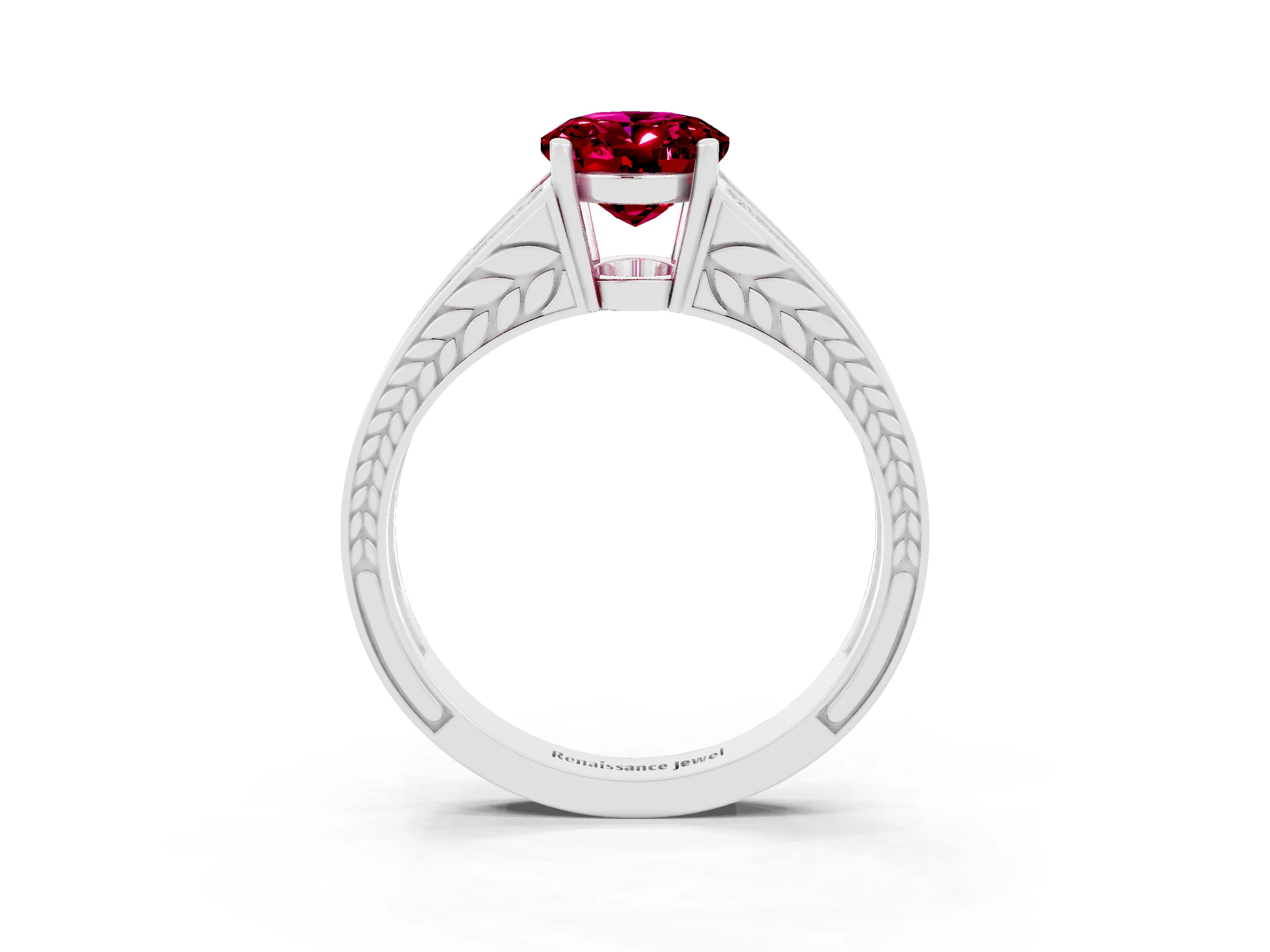 White gold Oval Cut Garnet Split Shank Ring with Pavé Band and Four-Prong Setting_3