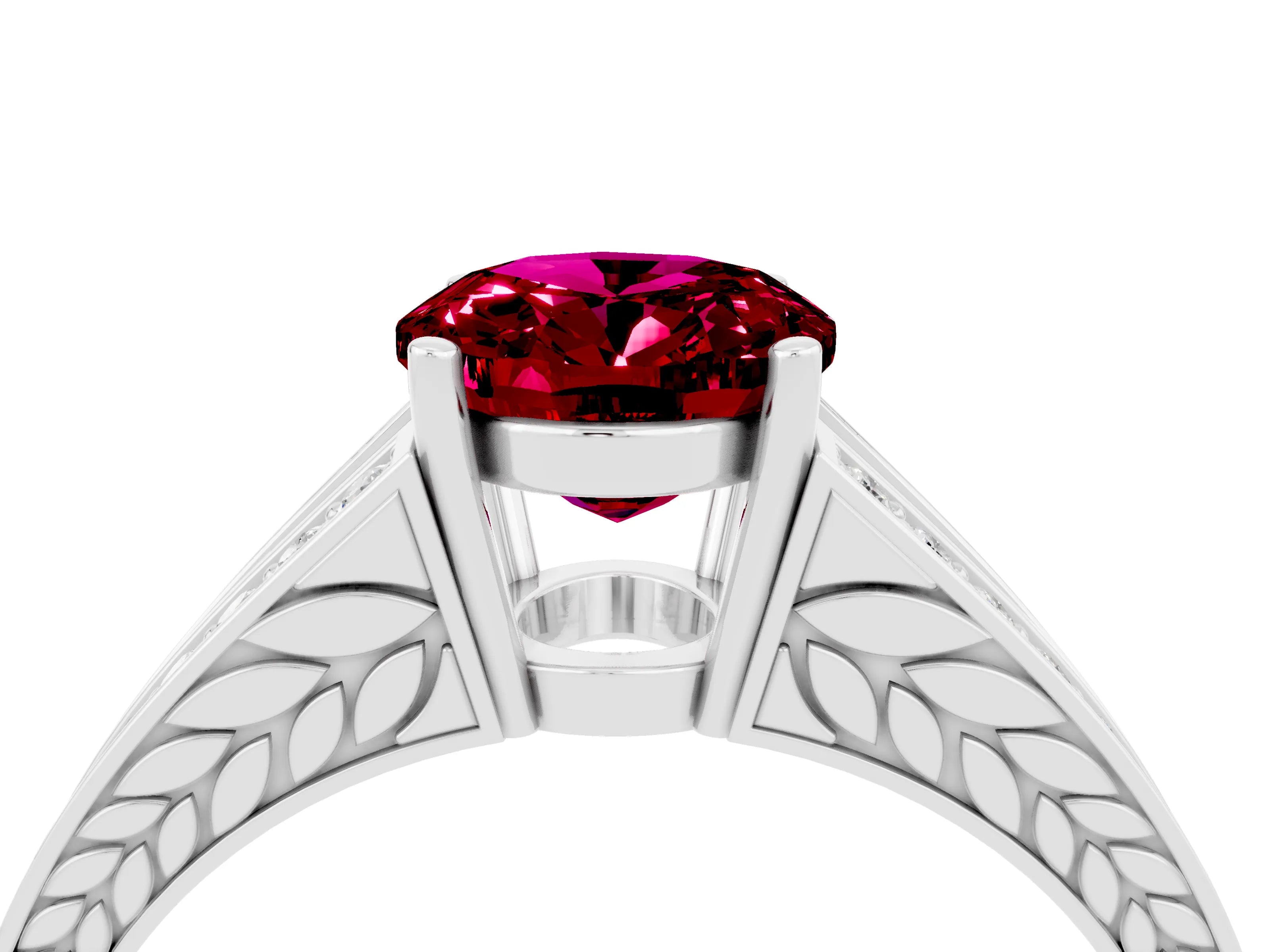 White gold Oval Cut Garnet Split Shank Ring with Pavé Band and Four-Prong Setting_4