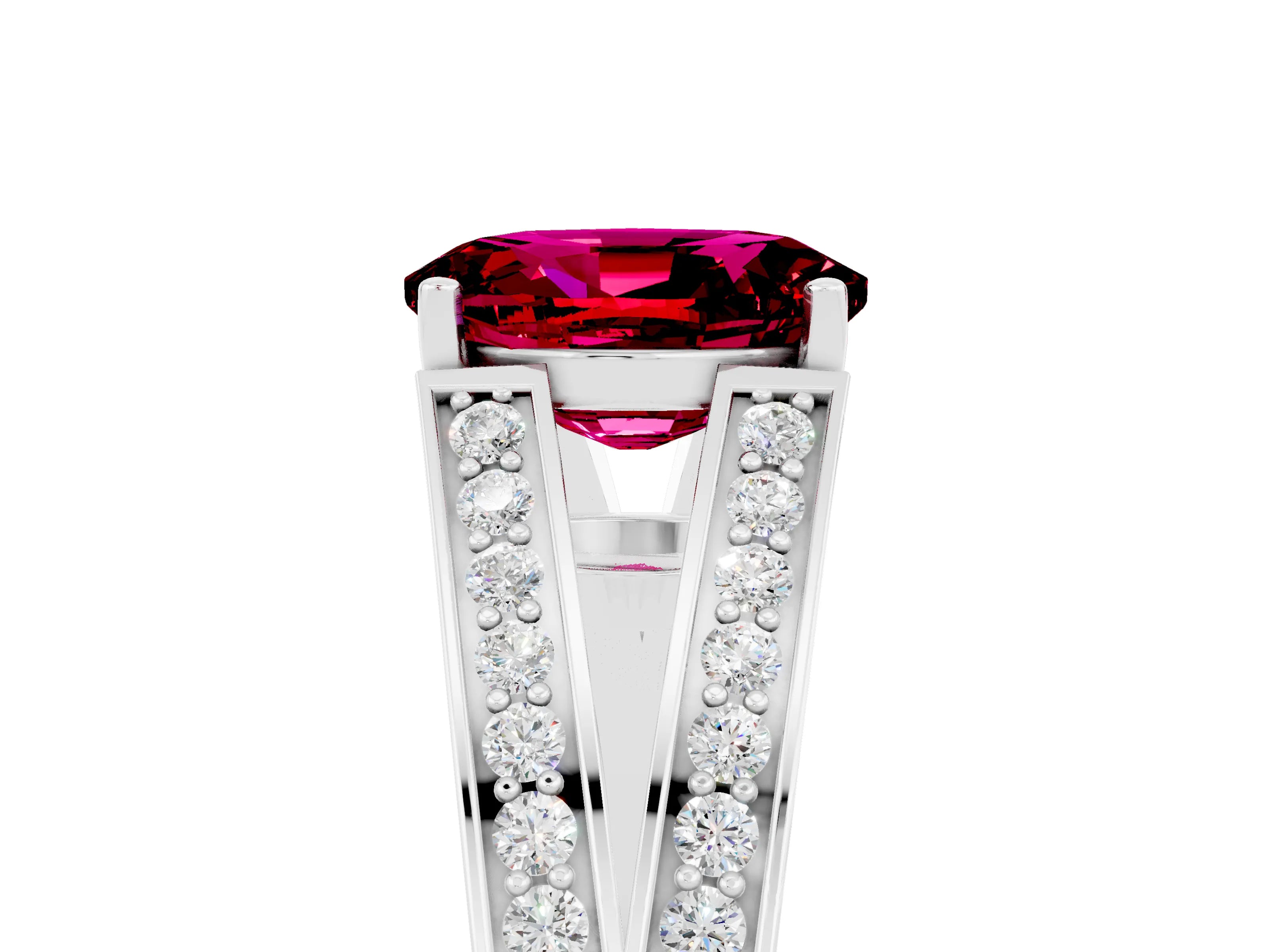 White gold Oval Cut Garnet Split Shank Ring with Pavé Band and Four-Prong Setting_5