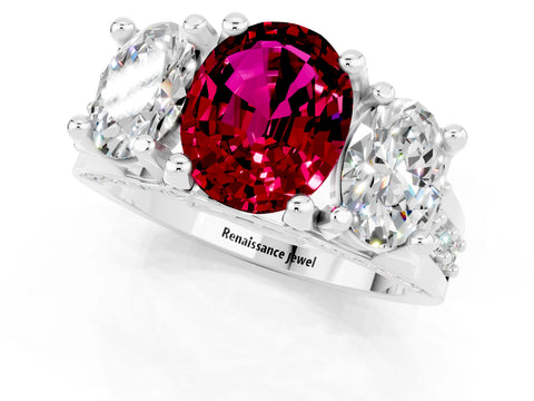 White gold Oval Cut Garnet Three-Stone Ring with Channel Set Band and Four-Prong Setting_1
