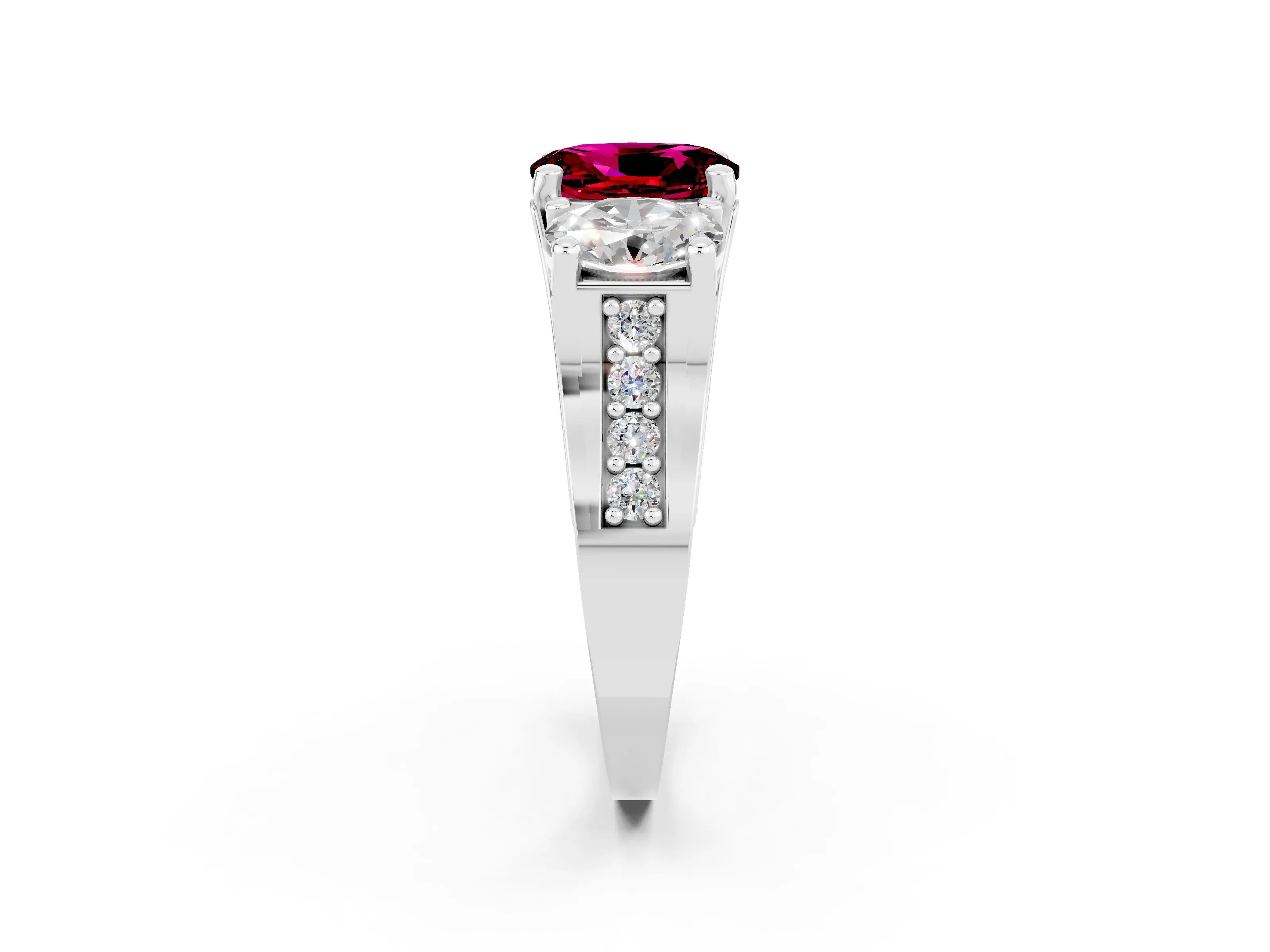 White gold Oval Cut Garnet Three-Stone Ring with Channel Set Band and Four-Prong Setting_2