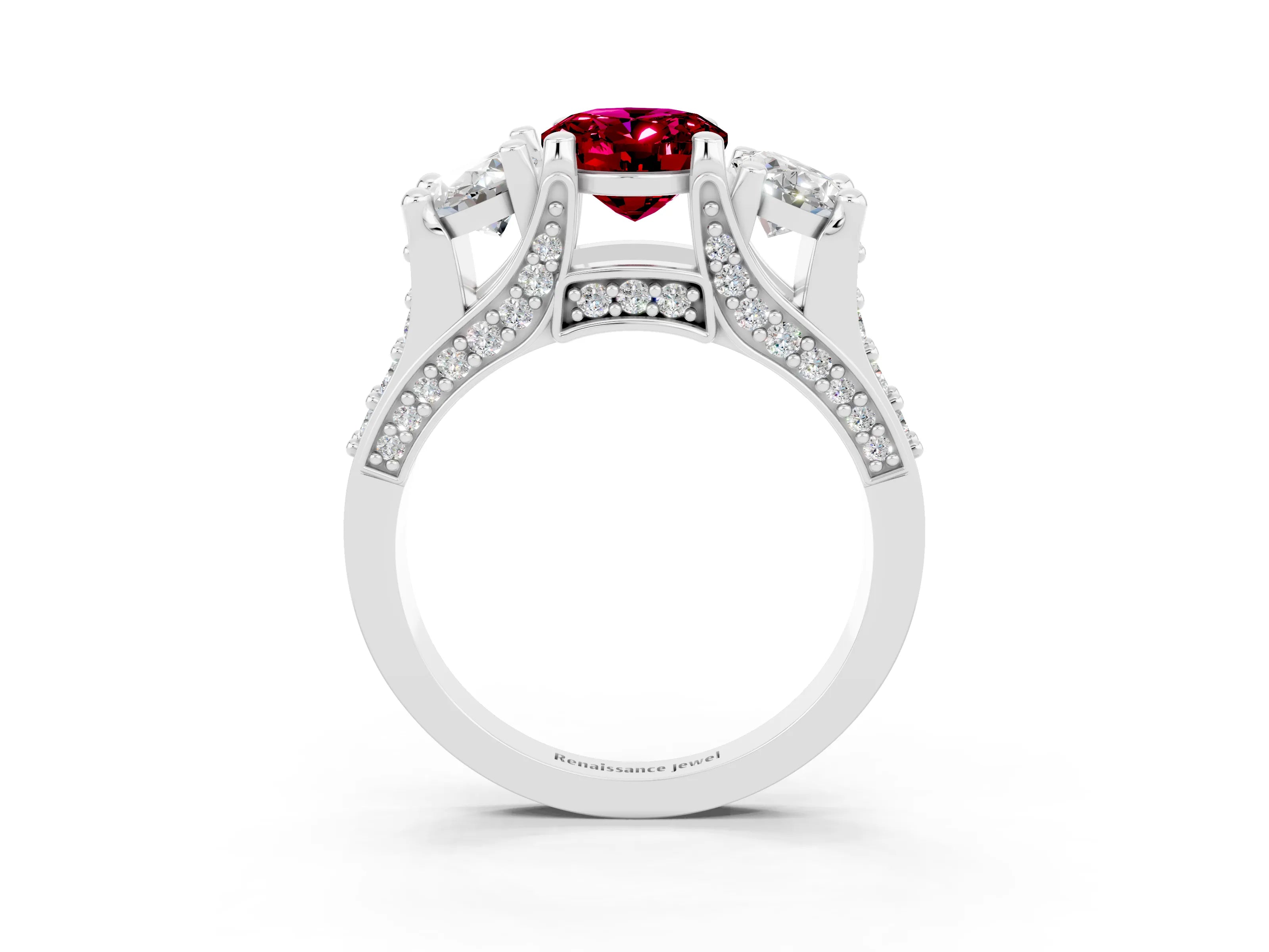 White gold Oval Cut Garnet Three-Stone Ring with Channel Set Band and Four-Prong Setting_3