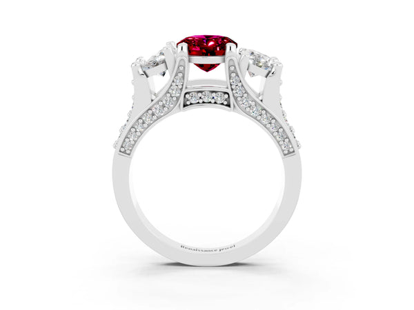 Silver Oval Cut Garnet Three-Stone Ring with Channel Set Band and Four-Prong Setting
