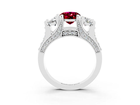 White gold Oval Cut Garnet Three-Stone Ring with Channel Set Band and Four-Prong Setting_3