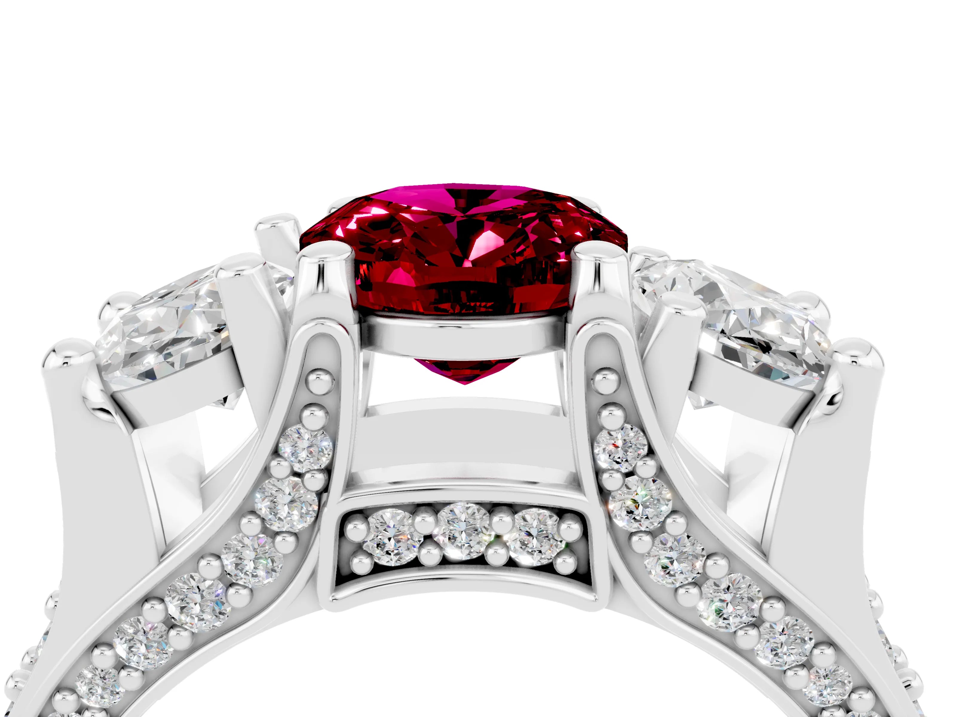 White gold Oval Cut Garnet Three-Stone Ring with Channel Set Band and Four-Prong Setting_4