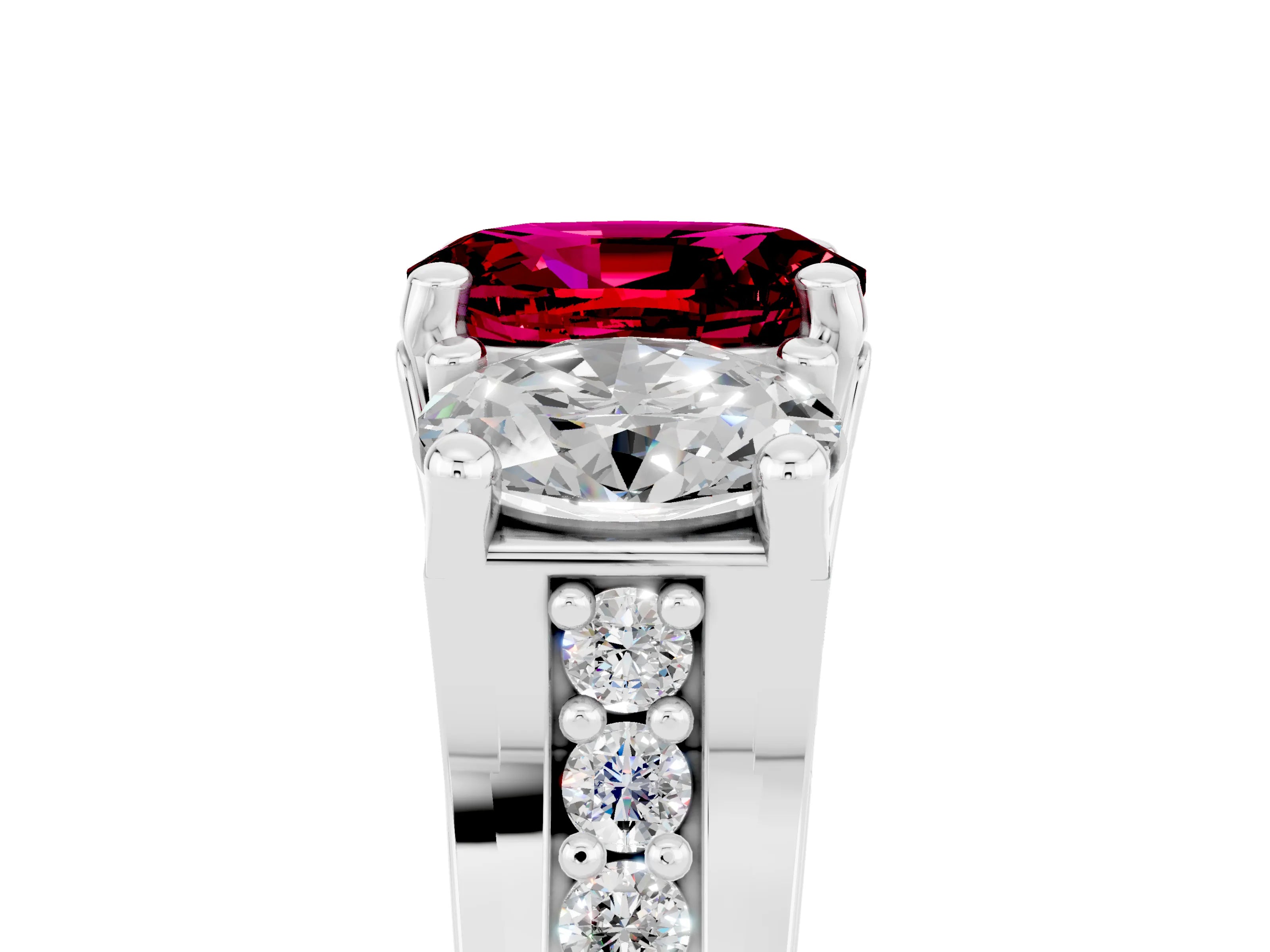 White gold Oval Cut Garnet Three-Stone Ring with Channel Set Band and Four-Prong Setting_5