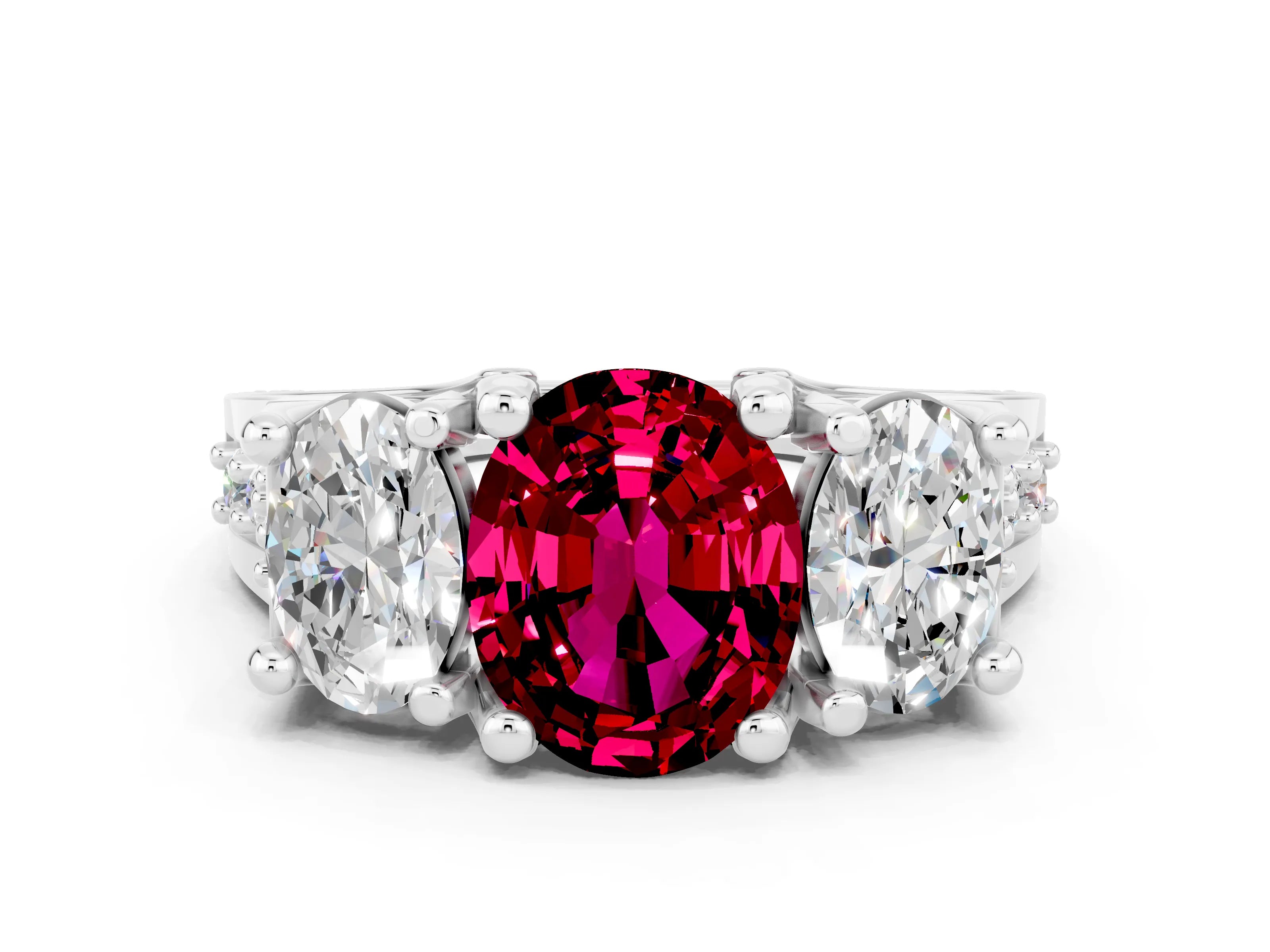 White gold Oval Cut Garnet Three-Stone Ring with Channel Set Band and Four-Prong Setting