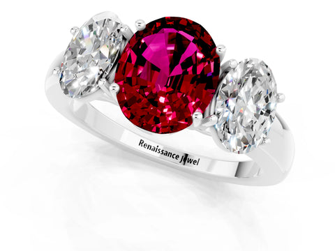White gold Oval Cut Garnet Three-Stone Ring with Four-Prong Setting and Classic Band_1