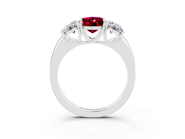 White gold Oval Cut Garnet Three-Stone Ring with Four-Prong Setting and Classic Band