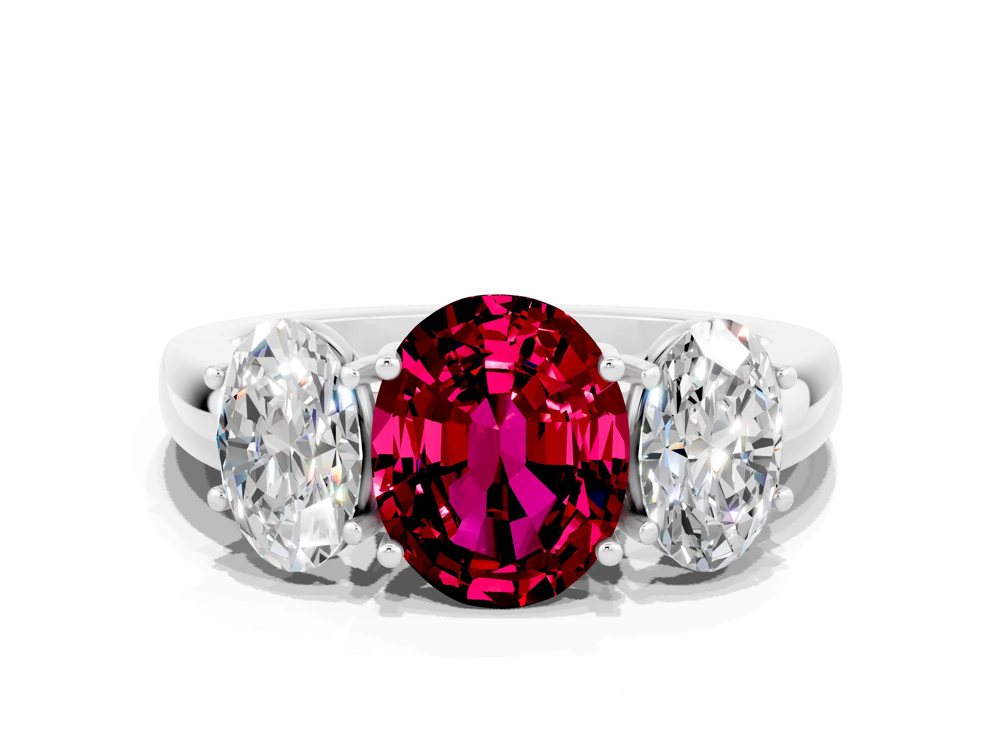 White gold Oval Cut Garnet Three-Stone Ring with Four-Prong Setting and Classic Band