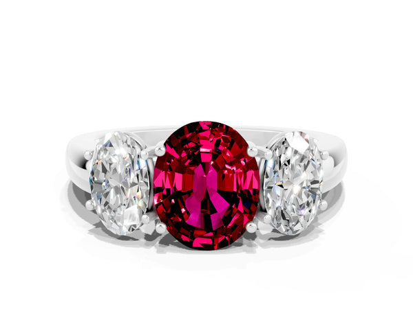 White gold Oval Cut Garnet Three-Stone Ring with Four-Prong Setting and Classic Band